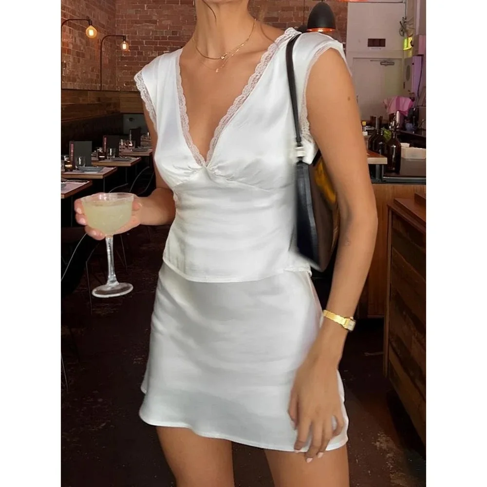 Commense Satin Mini Lace Trim Open‎ Back Sleeveless 2 piece set White Size Small